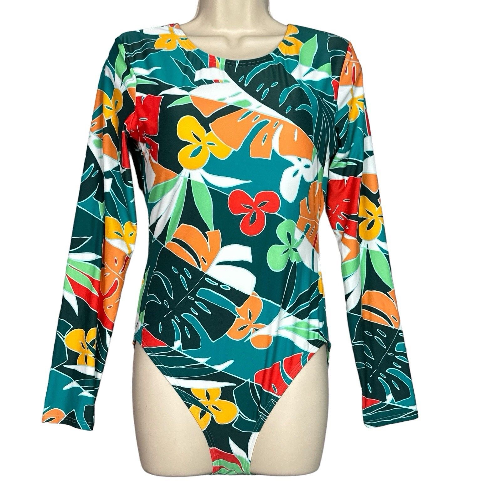 Vince Camuto Upf 50 One Piece Swimsuit Womens 10 Long Sleeve Tropical Print Nwt